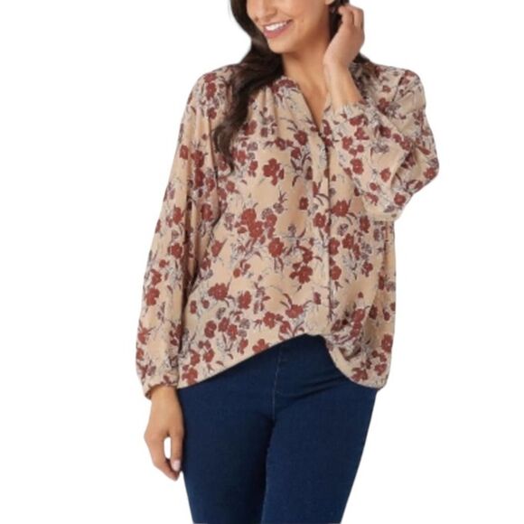 Bishop + Young Floral Button Front Long Sleeve Eva Blouse Split V-Neck Oversized - Picture 16 of 16